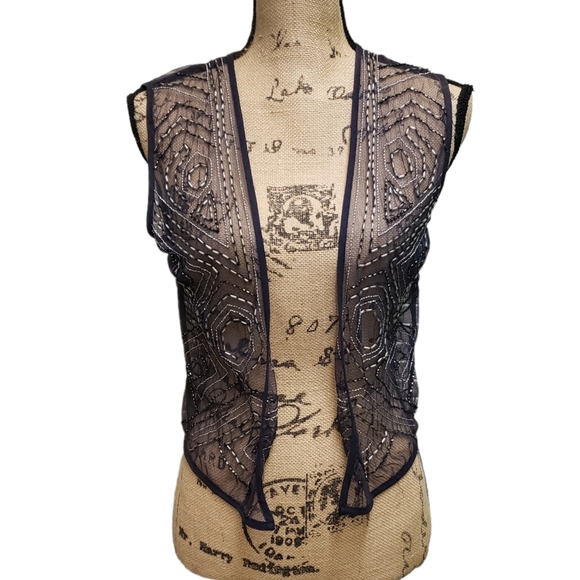 Chico's Jackets & Blazers - DELETING Beaded Vintage Vest, Chico's, Sheer Navy Blue, Silver Beading, Size S/M